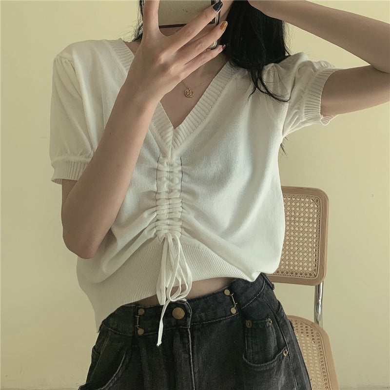 ドレープニット半袖Tシャツシンプルコーデトップス