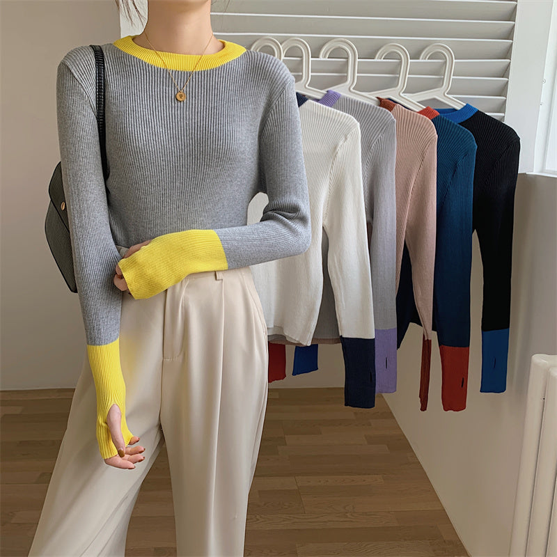 6COLORSデザイン感ファッション配色ラウンドネックニットトップス