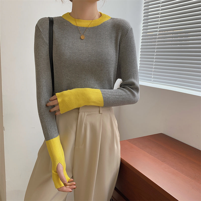 6COLORSデザイン感ファッション配色ラウンドネックニットトップス