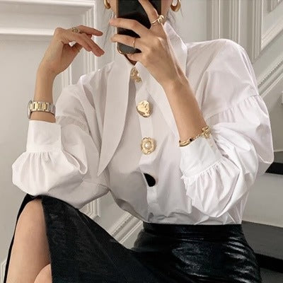 デザインボタンホワイトシャツトップスコーデしやすい