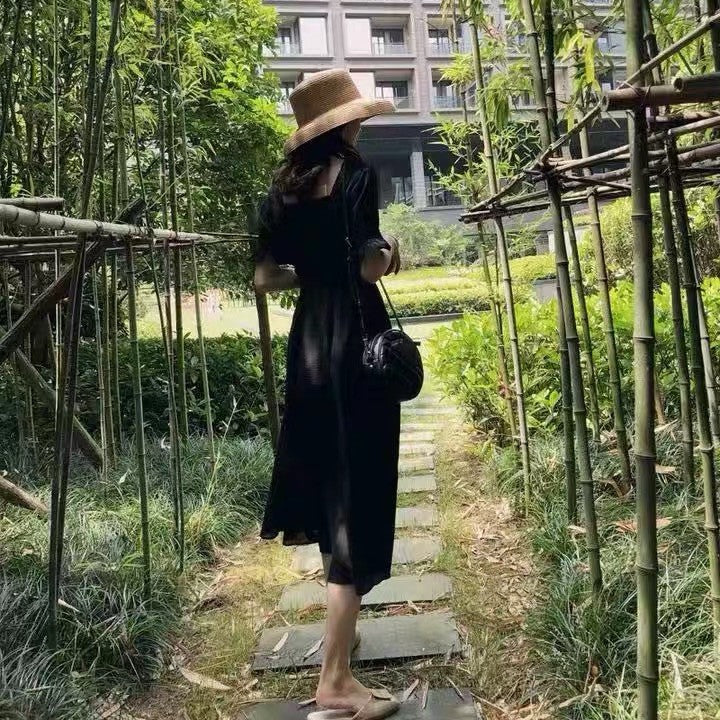 無地パフスリーブ半袖デートワンピース
