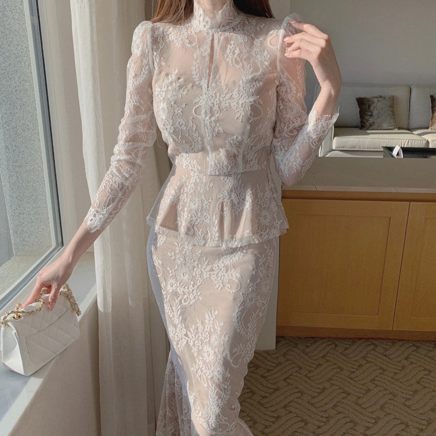 レース花柄高品質ウエストブラウス＆マーメイドスカートセットアップ二次会結婚式