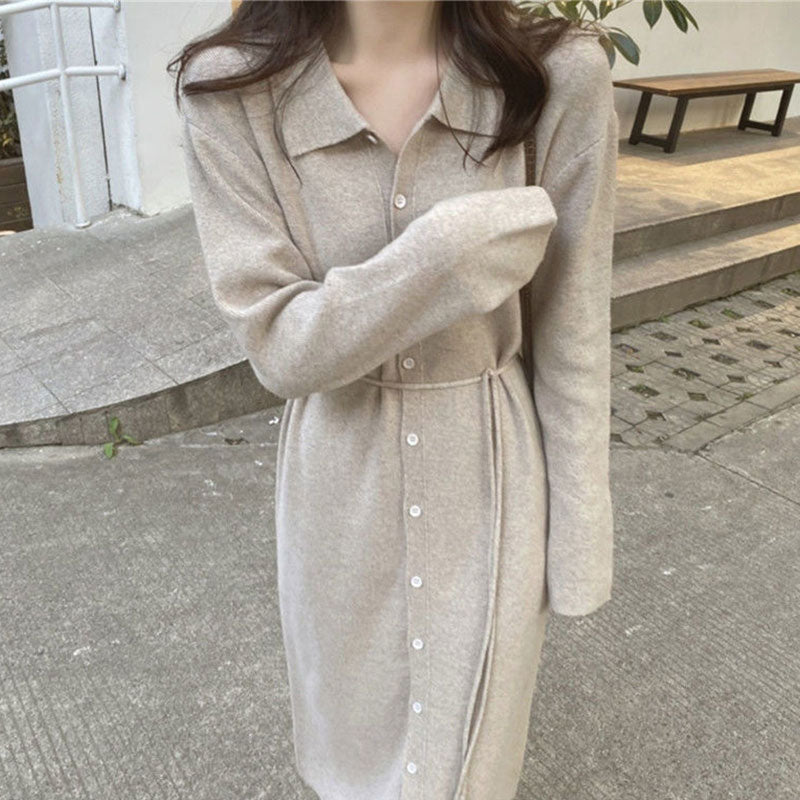 折ネックリゾートボタン付きニットワンピースデートワンピース