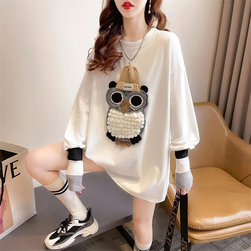 フクロウプリントかわいい長袖Ｔシャツトップス