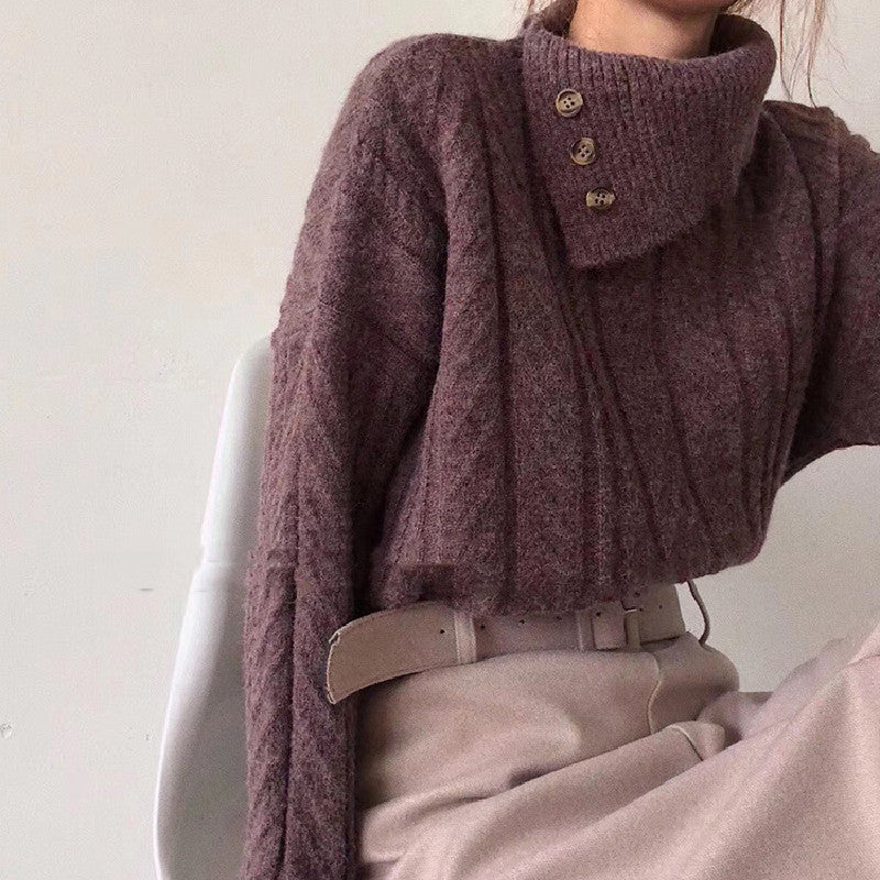 韓国風3カラー存在感デザイン感ハイネック暖かい厚手ニットセーター