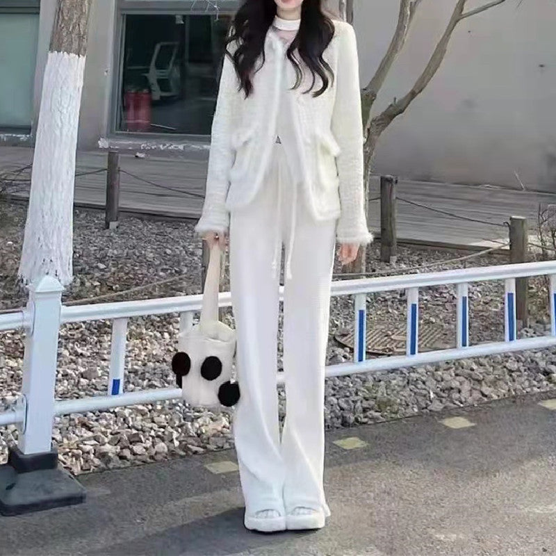 不規則デザインスタイルニットセータートップス＆無地ゆったりニットワイドレッグパンツセットアップ