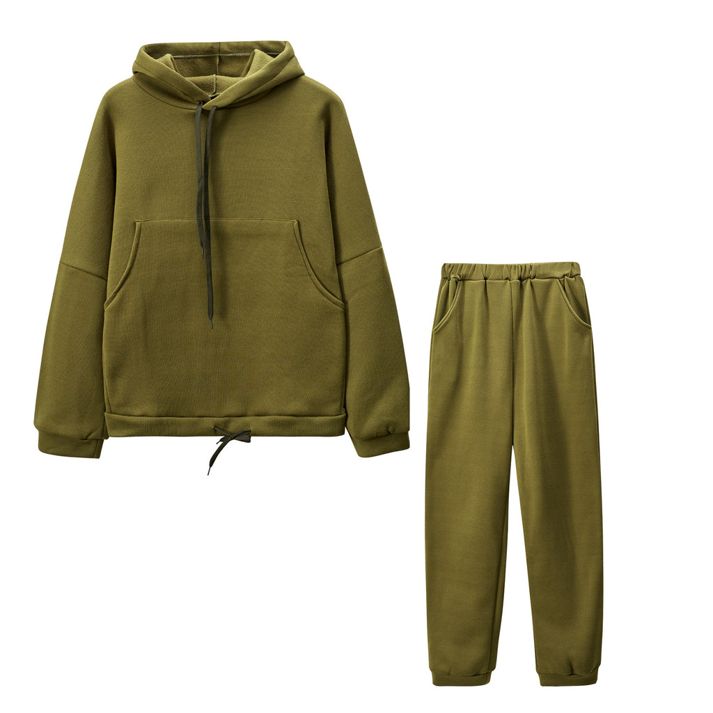 4COLORS秋冬欧米ファッション無地フード付きパーカー＆ロングパンツセットアップ