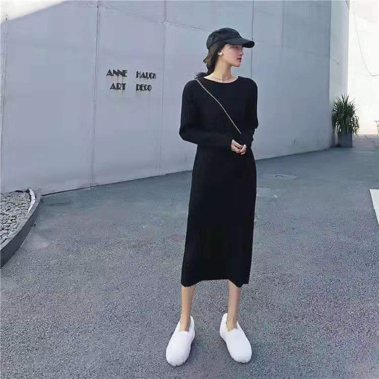 秋冬シンプル無地合わせやすい長袖ニットロングワンピース