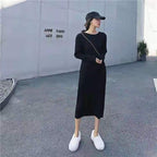 秋冬シンプル無地合わせやすい長袖ニットロングワンピース