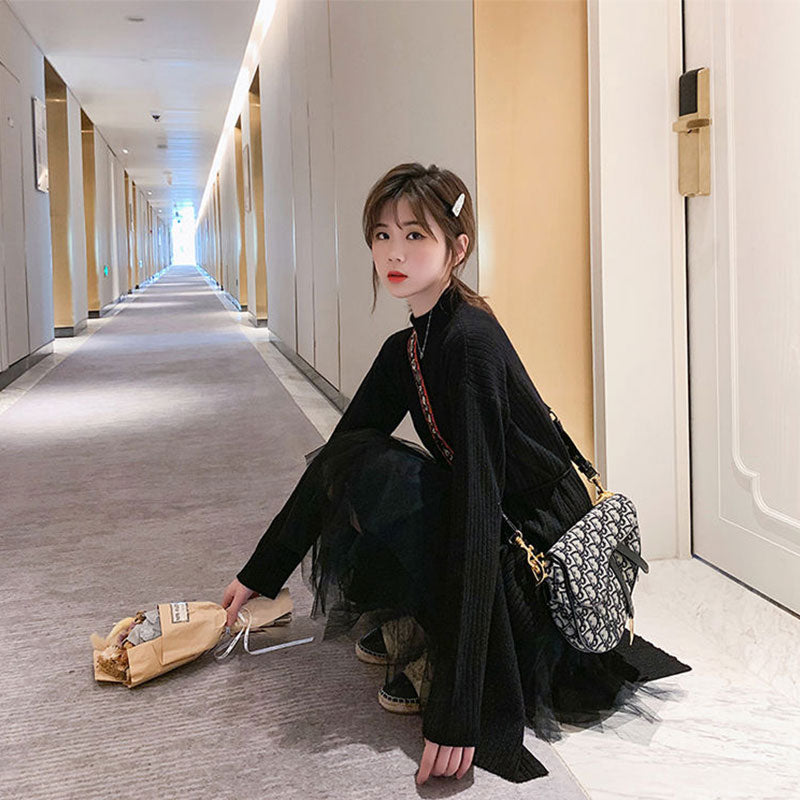 ニットスリットロングワンピース＆メッシュ不規則スカートセットアップ