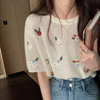 花柄シースルー薄ニット半袖トップス