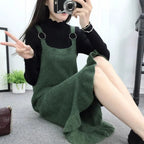 ニットフレア裾サスペンダーワンピース着回しコーデ
