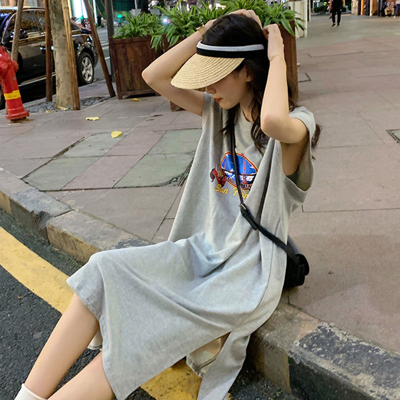 レデイースファッション半袖Ｔシャツワンピーススリットワンピースカジュアルワンピース