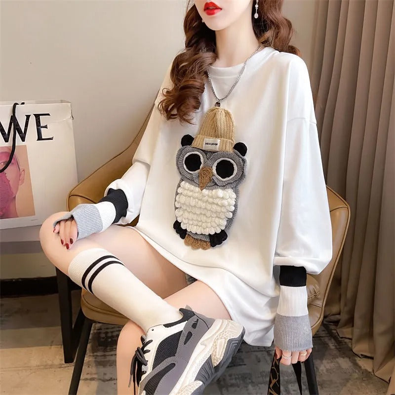 フクロウプリントかわいい長袖Ｔシャツトップス