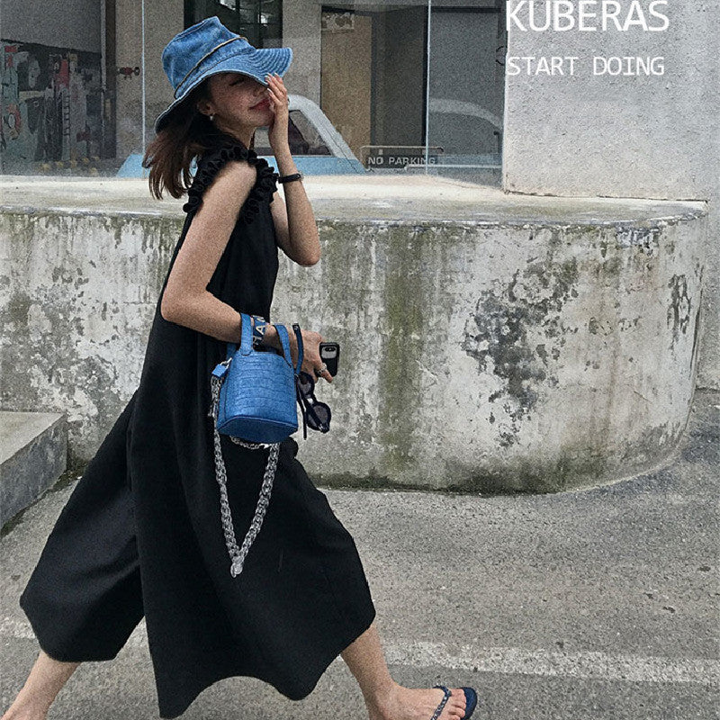フリル裾無袖オールインワン無地シンプルジャンプスーツオールインワン