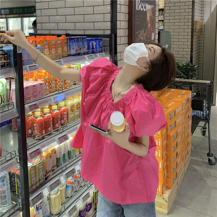 ゴムネックパフスリーブシャツトップス