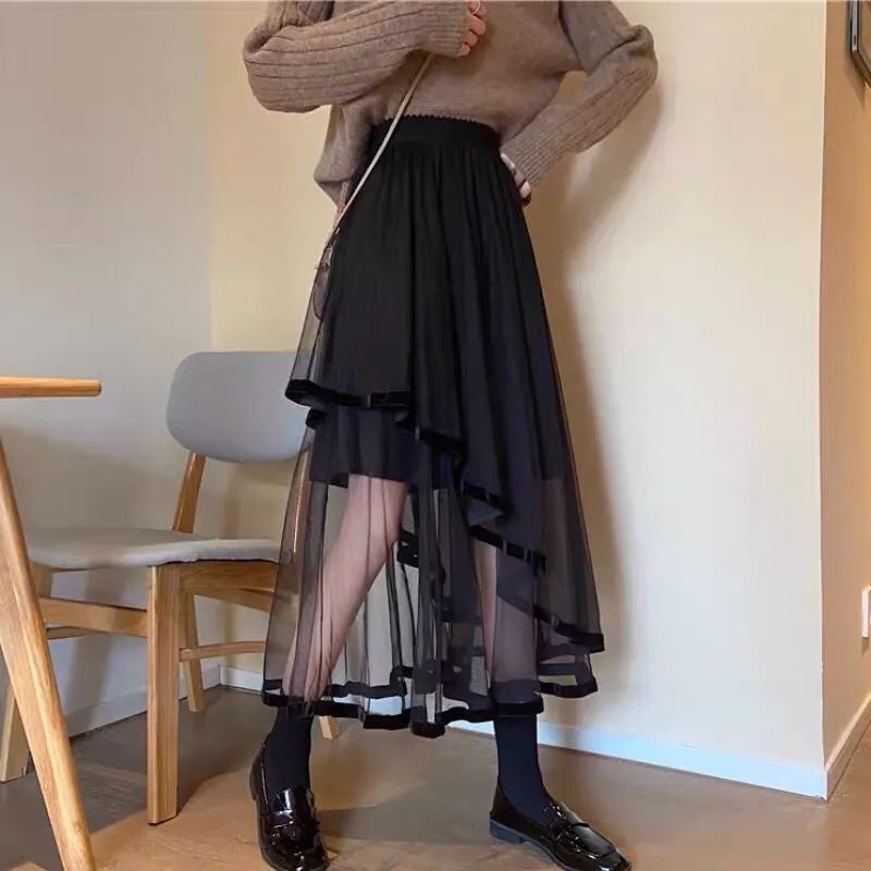 メッシュシースルー不規則Aラインスカート