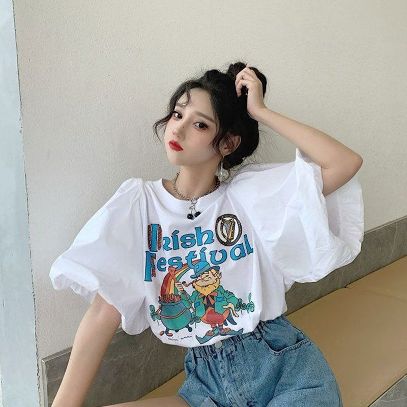 【お得】アニメプリントパフスリーブ半袖Ｔシャツトップス