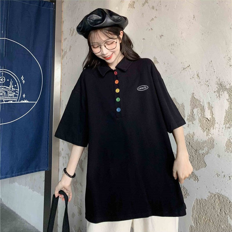 人気沸騰ボタン付き半袖Tシャツトップス