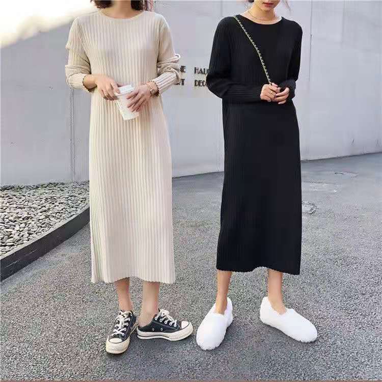 秋冬シンプル無地合わせやすい長袖ニットロングワンピース