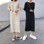 秋冬シンプル無地合わせやすい長袖ニットロングワンピース