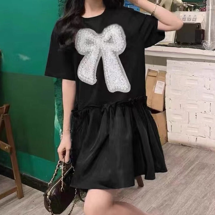 フレア裾切替蝶結びビーズ付き半袖Tシャツカジュアルワンピース
