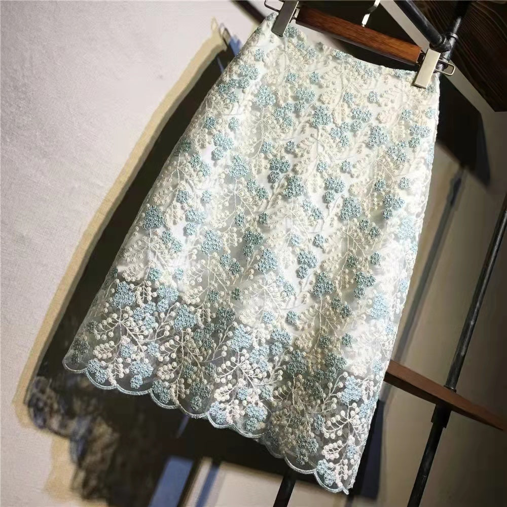 花柄レース切り替え合わせやすいハイウエストAラインスカートボトムス