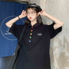 人気沸騰ボタン付き半袖Tシャツトップス