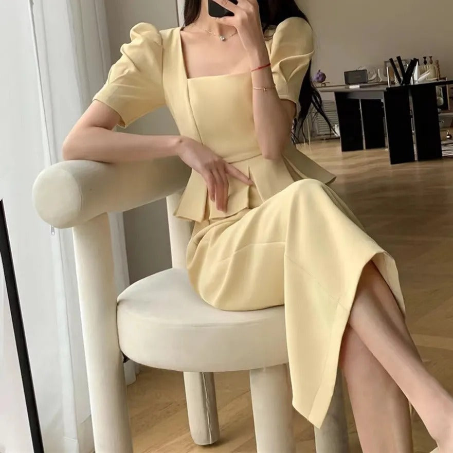 重ね風フレア裾デートワンピース通勤OLコーデ
