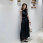 優しい雰囲気シフォン無袖ファッション通勤気質無地ロングデートワンピース（ベルト付き）