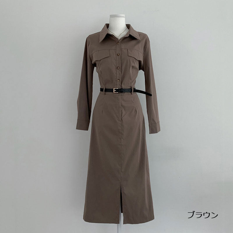 通勤OLコーデ折ネックスリットワンピース（ベルト付き）