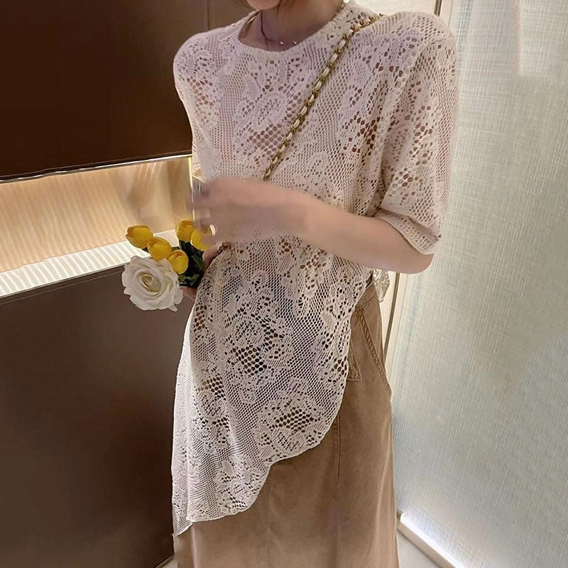 レース花柄透かし彫り不規則ロングTシャツトップス