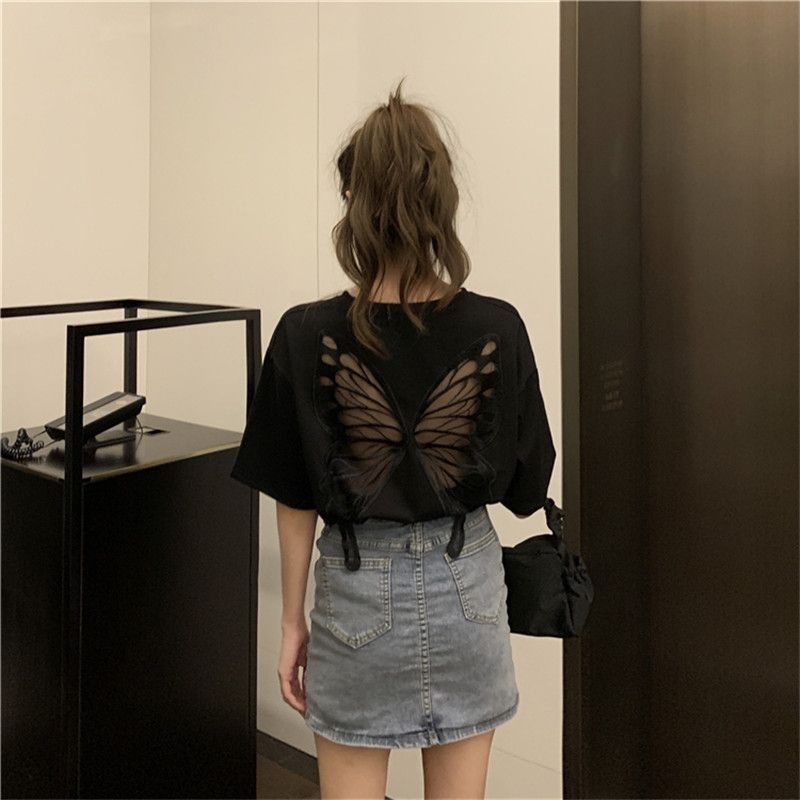 後ろ蝶々プリント透かし彫り無地半袖Tシャツトップス