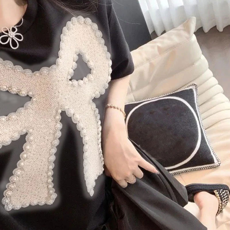 フレア裾切替蝶結びビーズ付き半袖Tシャツカジュアルワンピース