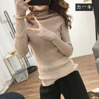 【お得】6色ハイネック長袖指穴ありデザインニットトップスストレッチ