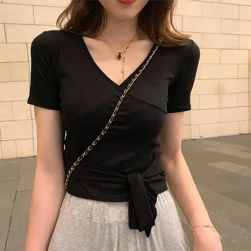 【お得】カシュクールデザイン無地半袖Tシャツウエストリボントップス