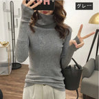 【お得】6色ハイネック長袖指穴ありデザインニットトップスストレッチ
