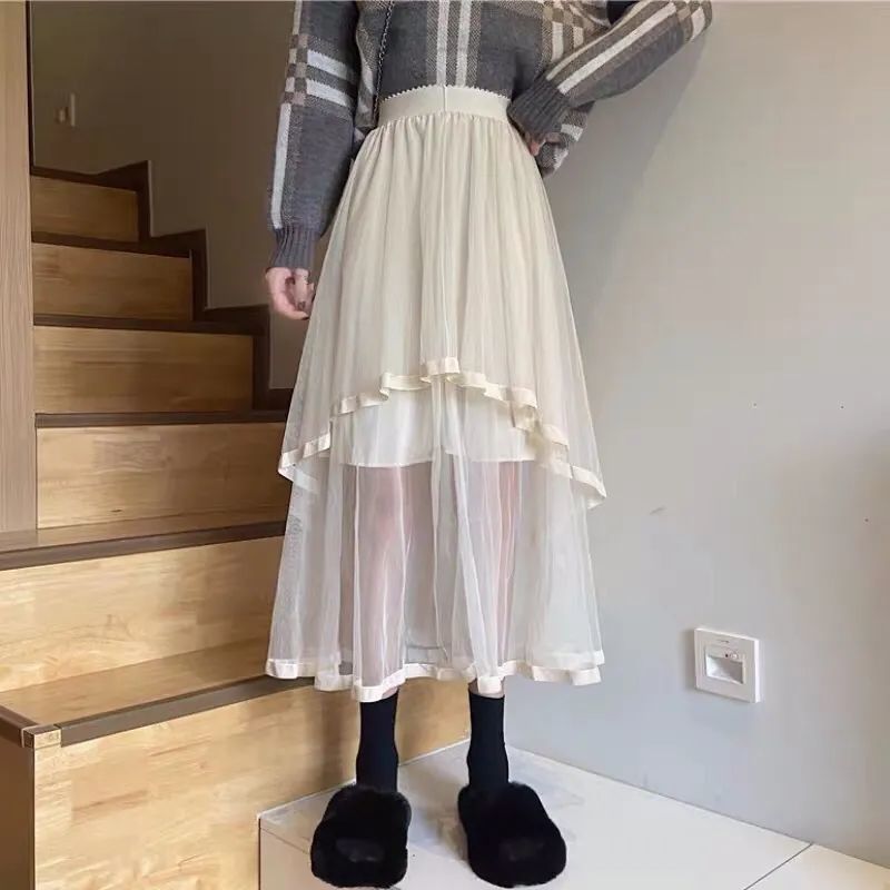 メッシュシースルー不規則Aラインスカート