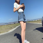 ハイウエストルーズワイドレッグAラインカールデニムショーツショートパンツカジュアルパンツ