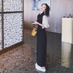 配色切り替えゆったり着痩せ効果気質パフスリーブロングオールインワン·サロペット