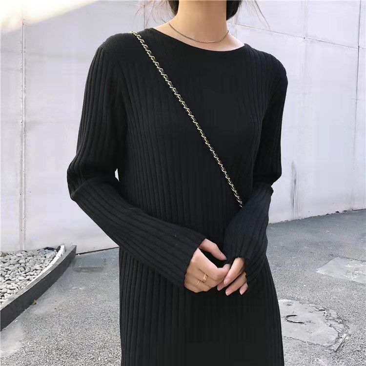 秋冬シンプル無地合わせやすい長袖ニットロングワンピース
