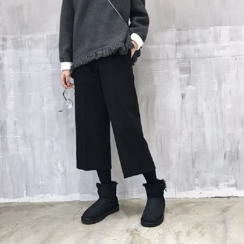 秋冬無地カジュアル合わせやすいラシャ着痩せハイウエストパンツ
