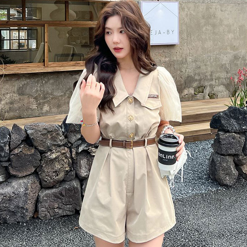 シースルー袖ショートパンツオールインワン
