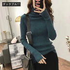 【お得】6色ハイネック長袖指穴ありデザインニットトップスストレッチ