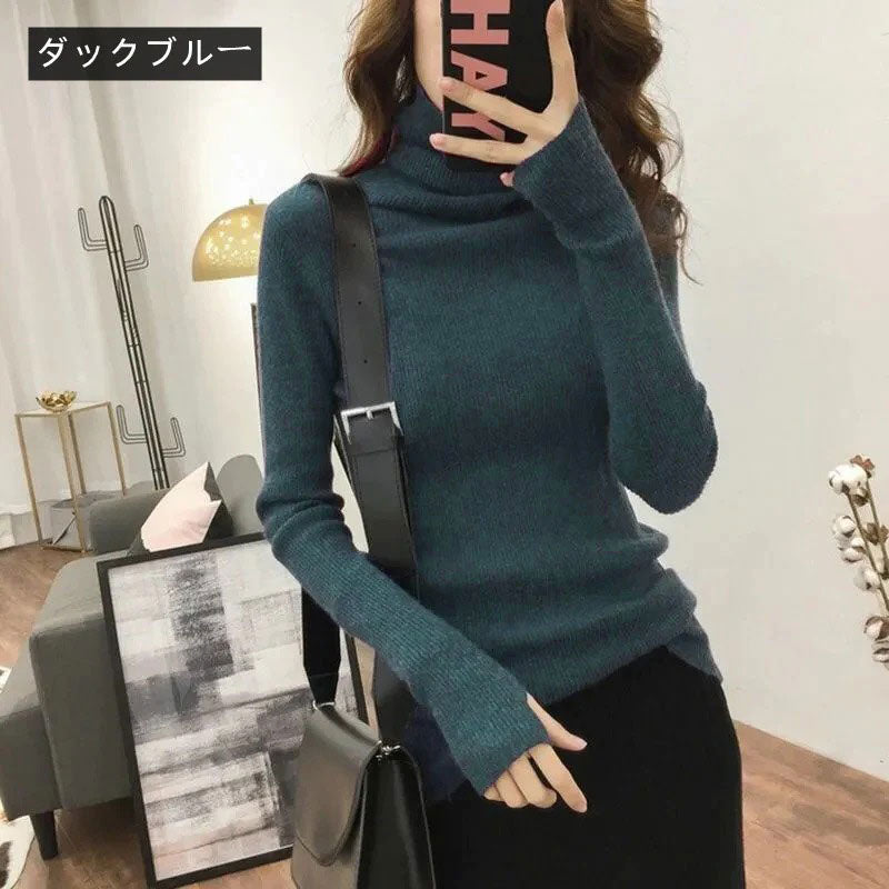 【お得】6色ハイネック長袖指穴ありデザインニットトップスストレッチ