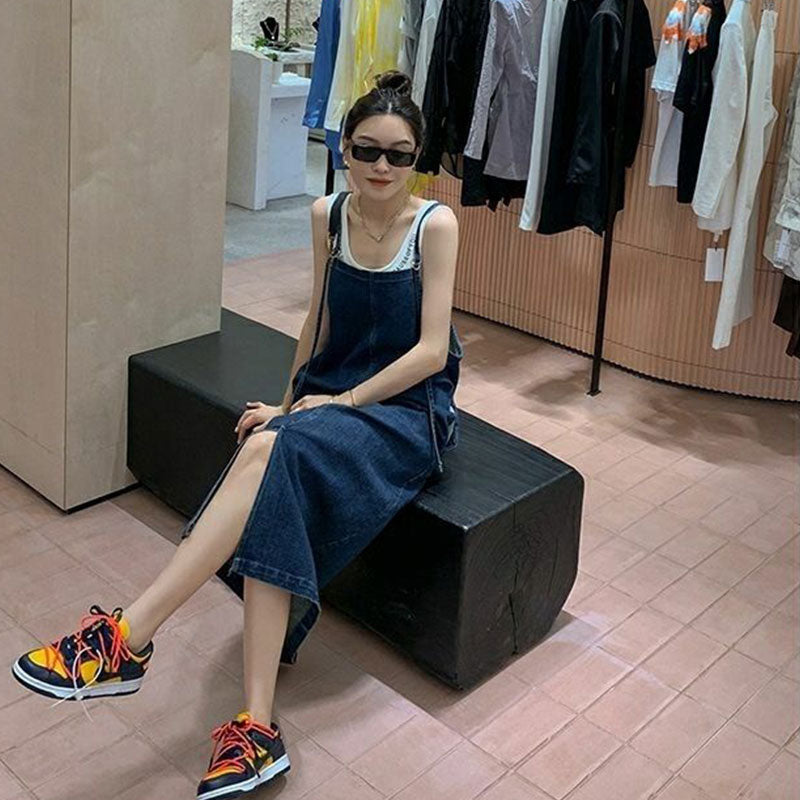 デニムサスベンダーワンピース調節可ワンピーススリットコーデしやすい