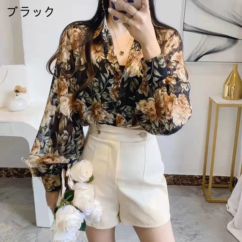 花柄シフォン長袖合わせやすいランタンスリーブゆったりファッションシャツ・ブラウストップス