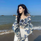 花柄ギャザーデザインカシュクールデザイントップス