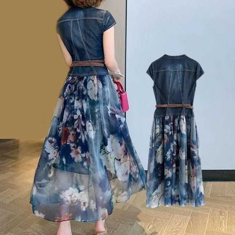 デニムシファン花柄切り替え重ね風ワンピースフレンチ袖デートワンピース（ベルト付き）