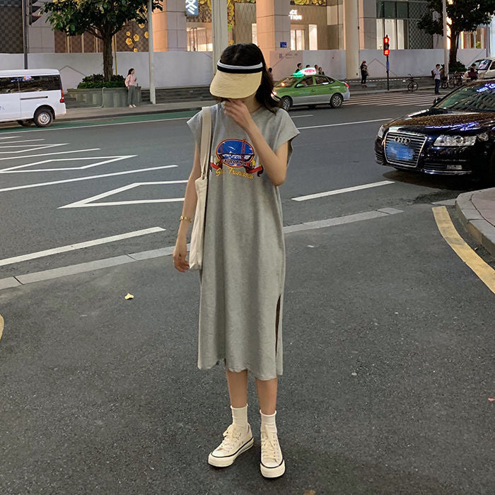 レデイースファッション半袖Ｔシャツワンピーススリットワンピースカジュアルワンピース